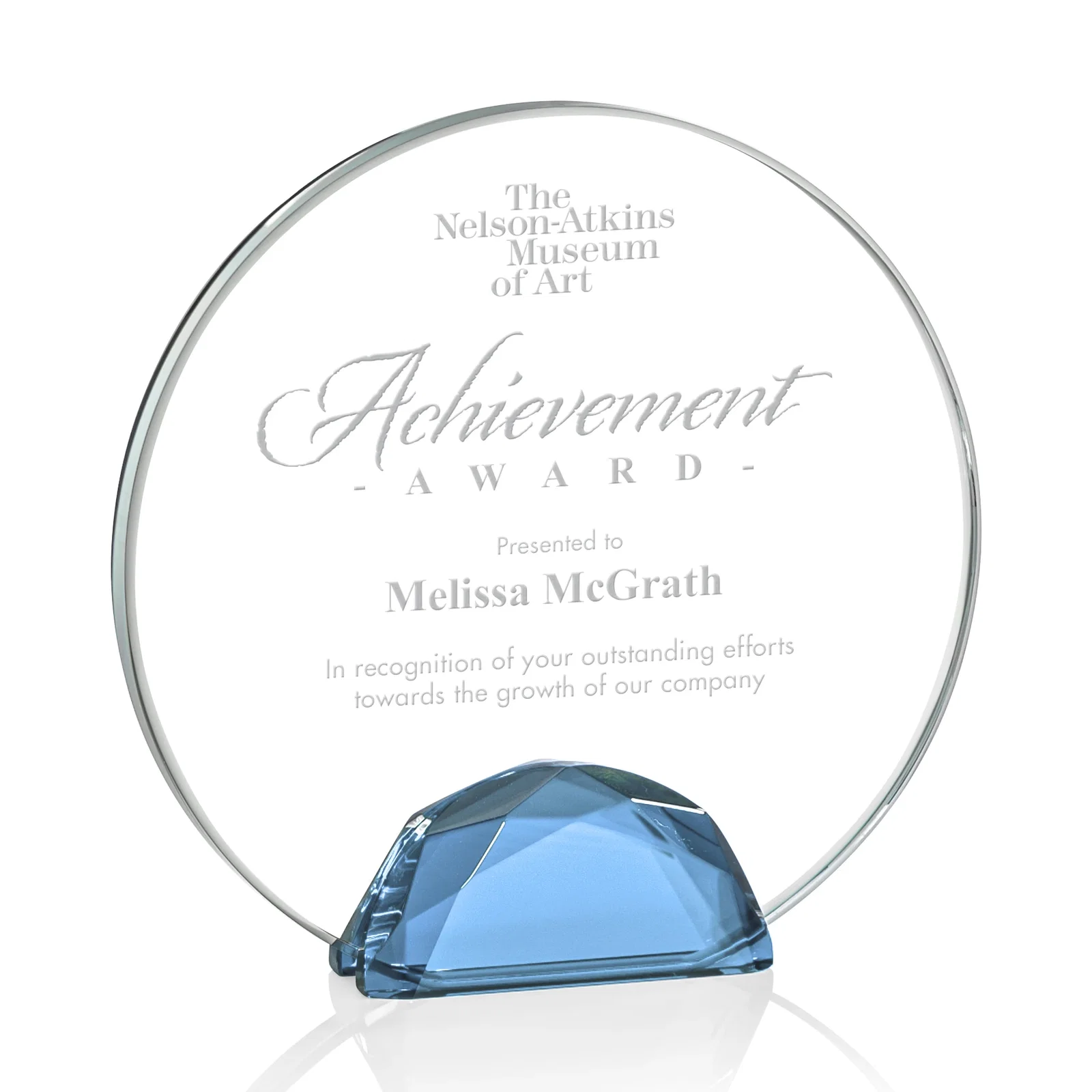Personalized Starfire Crystal Disc Award Flanked by Amber Crystal Diamonds for company anniversary events