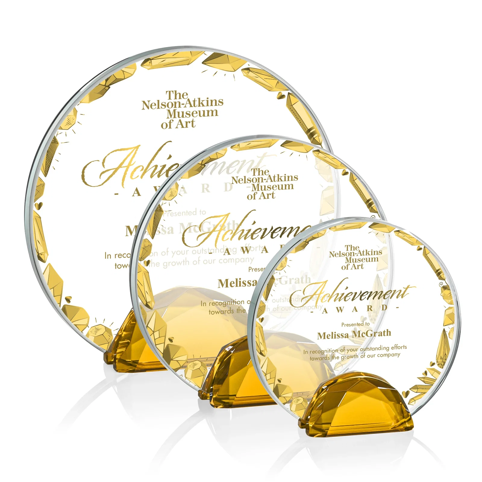 Promotional Starfire Crystal Disc Award Flanked by Amber Crystal Diamonds for employee recognition