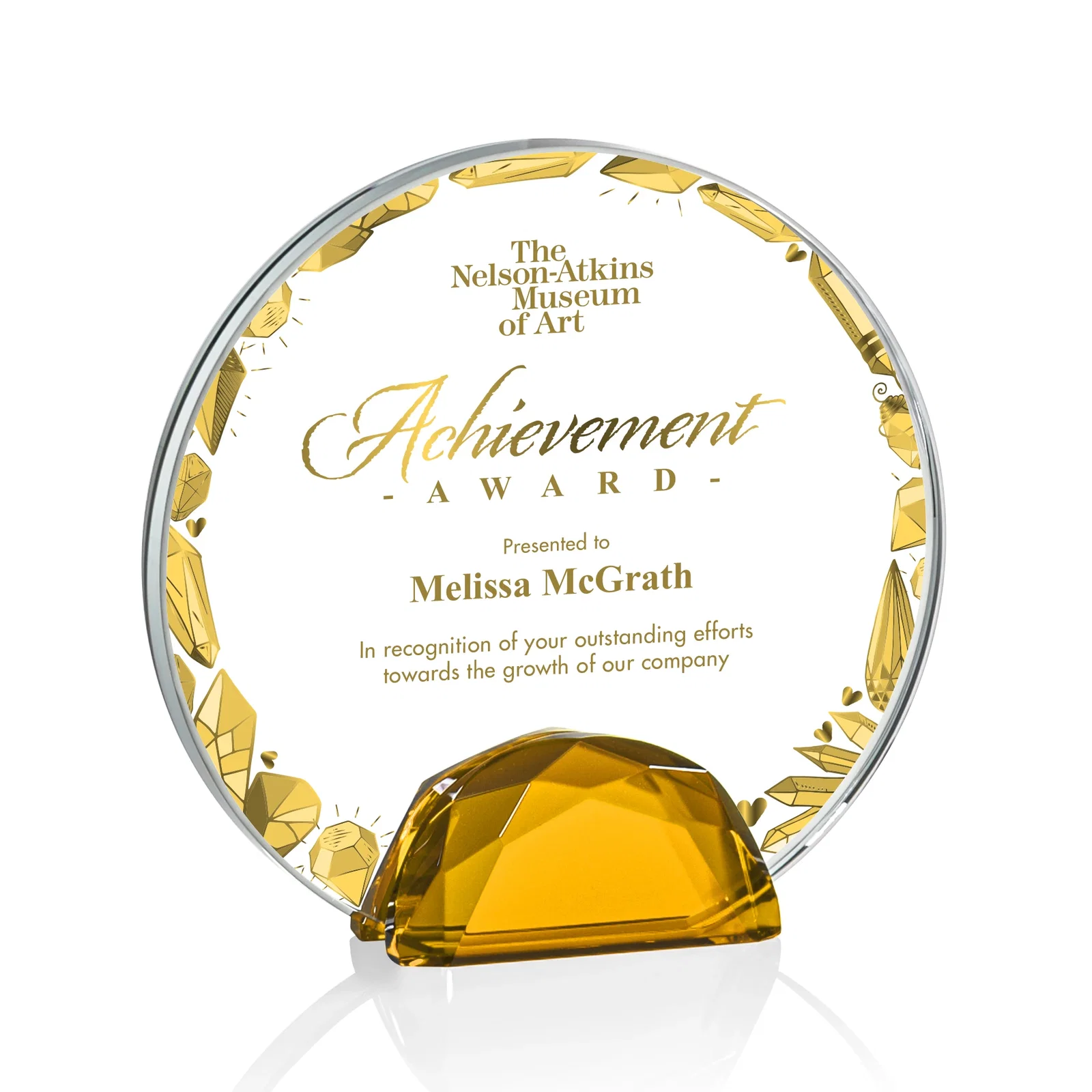 Promotional Starfire Crystal Disc Award Flanked by Amber Crystal Diamonds for service anniversary gifts