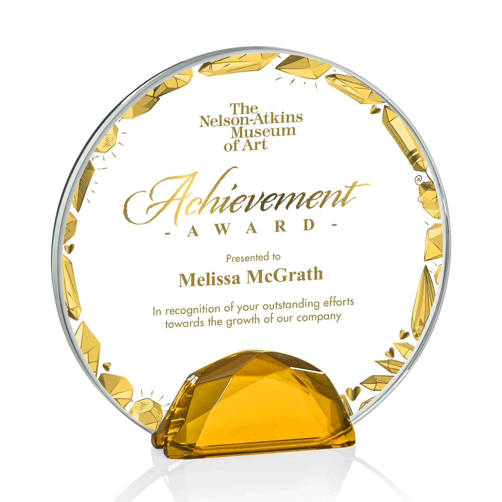 Promotional Starfire Crystal Disc Award Flanked by Amber Crystal Diamonds for sales achievement awards