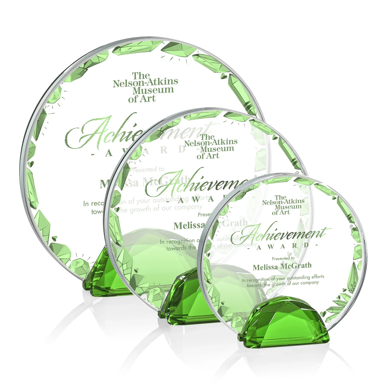 Promotional Starfire Crystal Disc Award Flanked by Amber Crystal Diamonds for retirement presentations