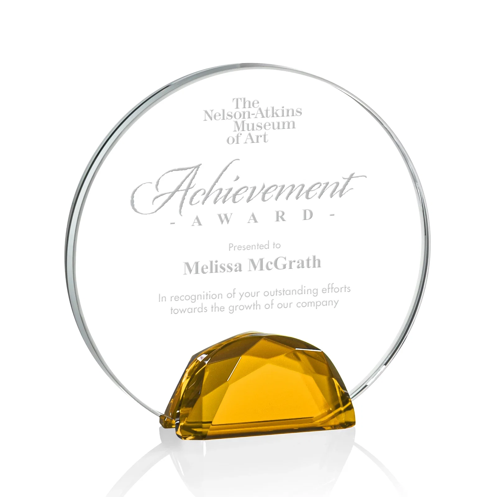 Custom Starfire Crystal Disc Award Flanked by Amber Crystal Diamonds for service anniversary gifts