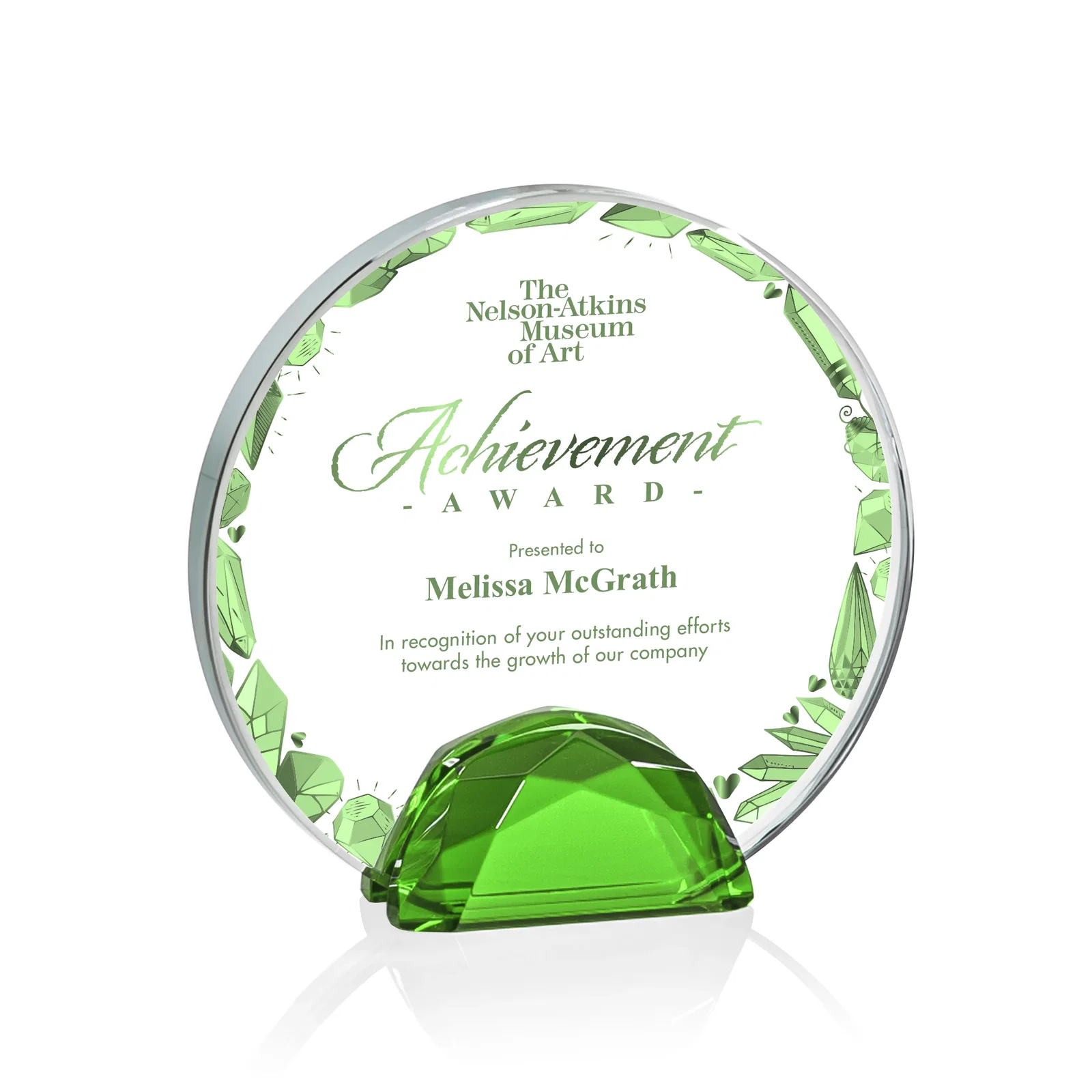 Promotional Starfire Crystal Disc Award Flanked by Amber Crystal Diamonds for team milestone celebrations