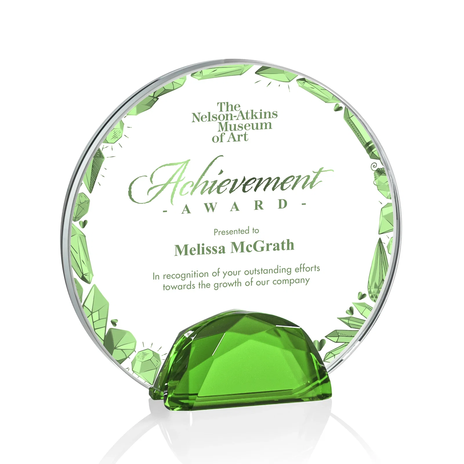 Promotional Starfire Crystal Disc Award Flanked by Amber Crystal Diamonds for donor appreciation
