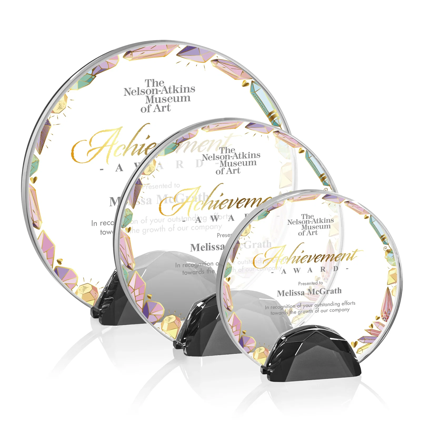 Promotional Starfire Crystal Disc Award Flanked by Amber Crystal Diamonds for safety achievement programs