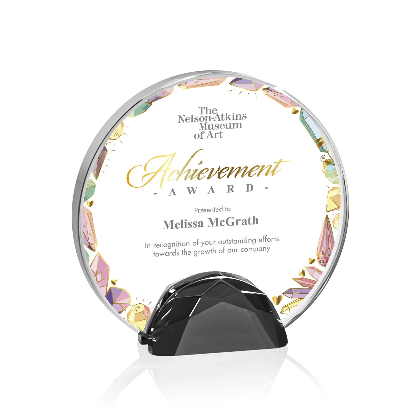 Promotional Starfire Crystal Disc Award Flanked by Amber Crystal Diamonds for volunteer appreciation