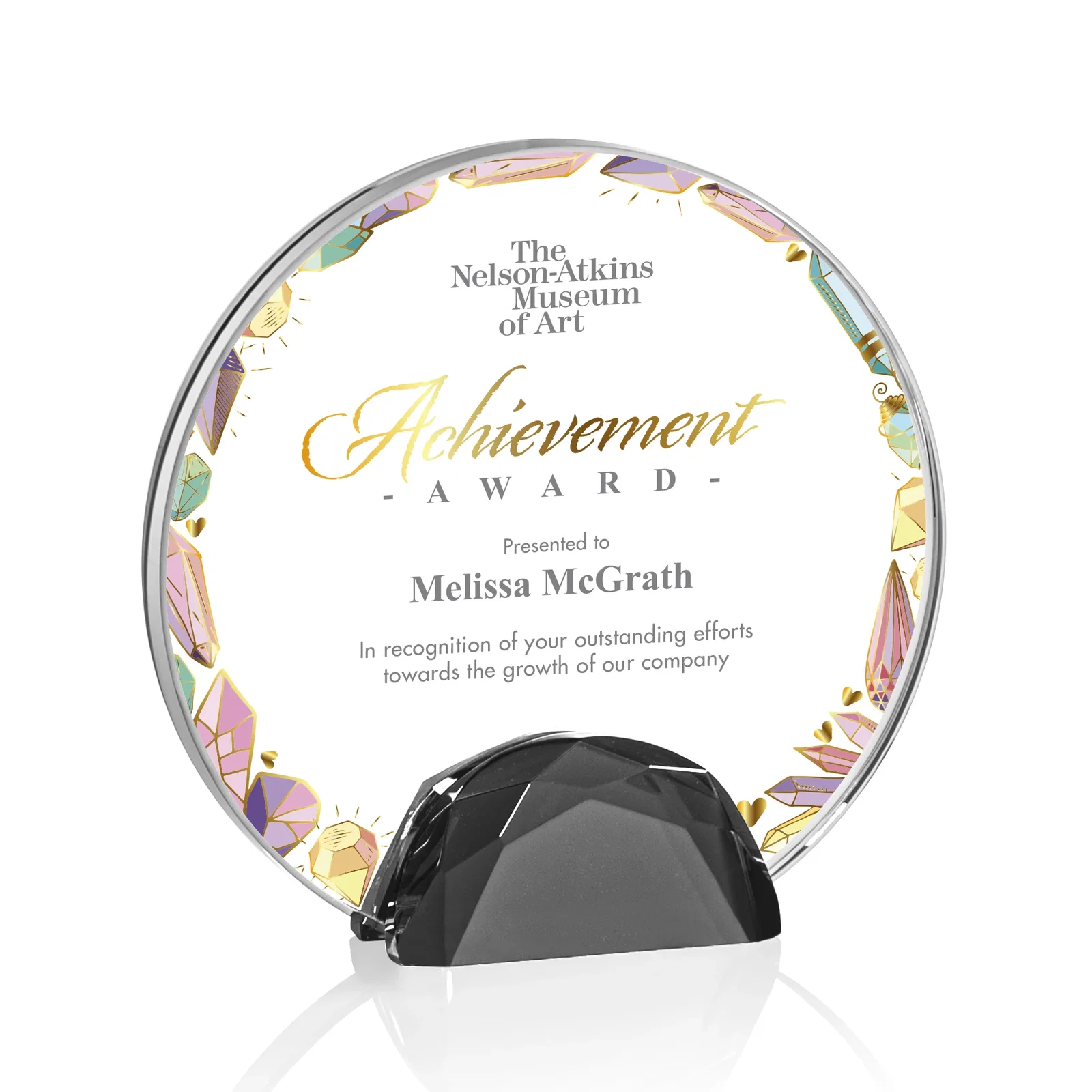 Promotional Starfire Crystal Disc Award Flanked by Amber Crystal Diamonds for dealer and partner awards