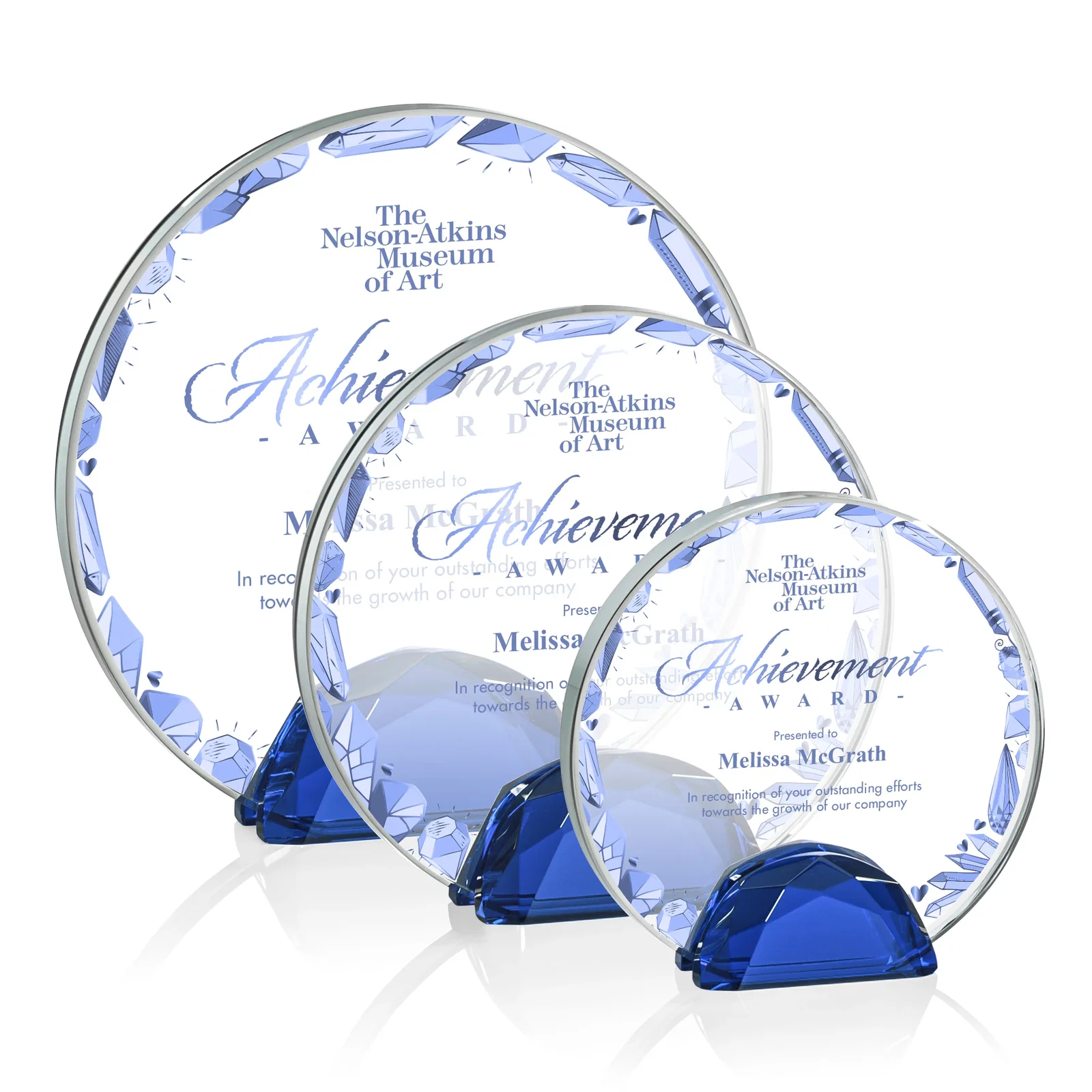 Branded Starfire Crystal Disc Award Flanked by Amber Crystal Diamonds for employee recognition