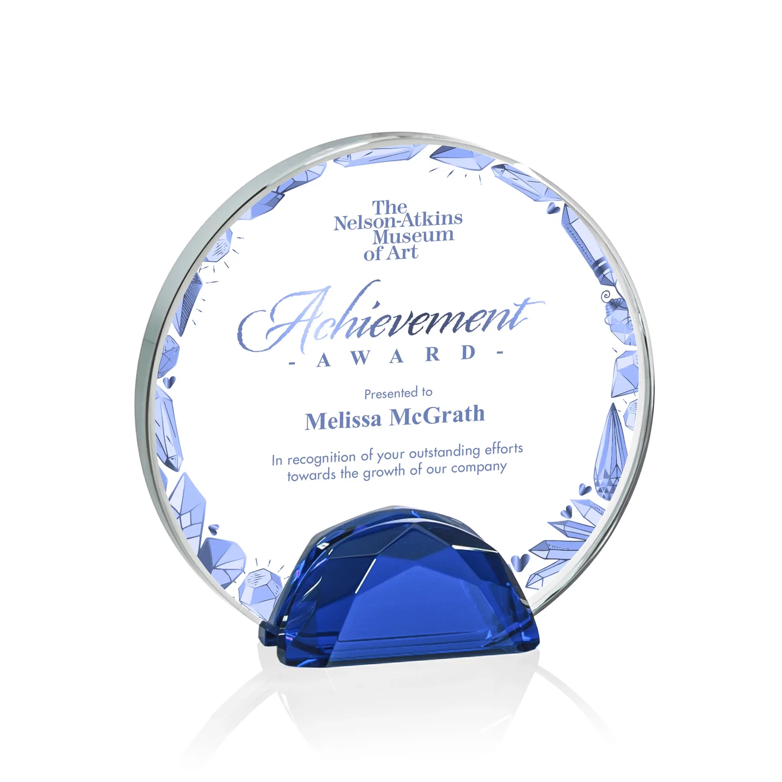 Branded Starfire Crystal Disc Award Flanked by Amber Crystal Diamonds for corporate award ceremonies
