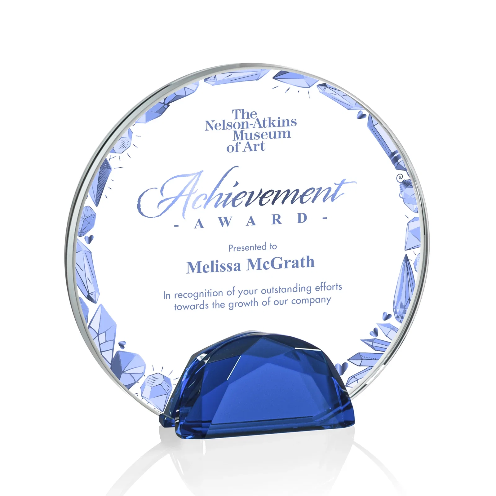 Branded Starfire Crystal Disc Award Flanked by Amber Crystal Diamonds for service anniversary gifts