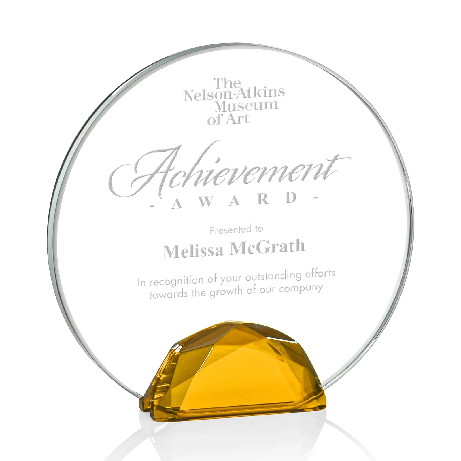 Custom Starfire Crystal Disc Award Flanked by Amber Crystal Diamonds for sales achievement awards
