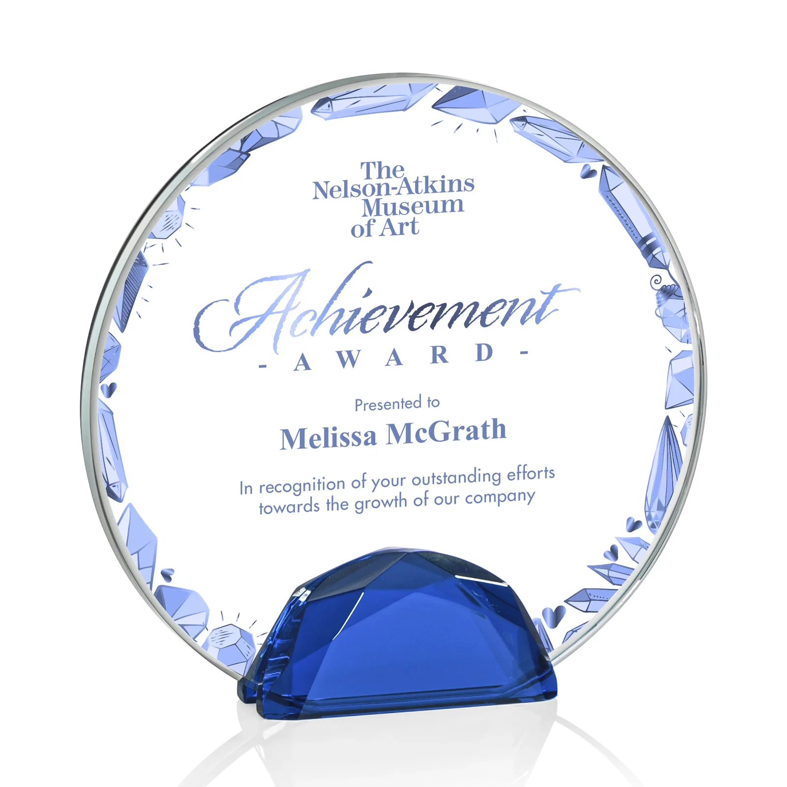 Branded Starfire Crystal Disc Award Flanked by Amber Crystal Diamonds for sales achievement awards