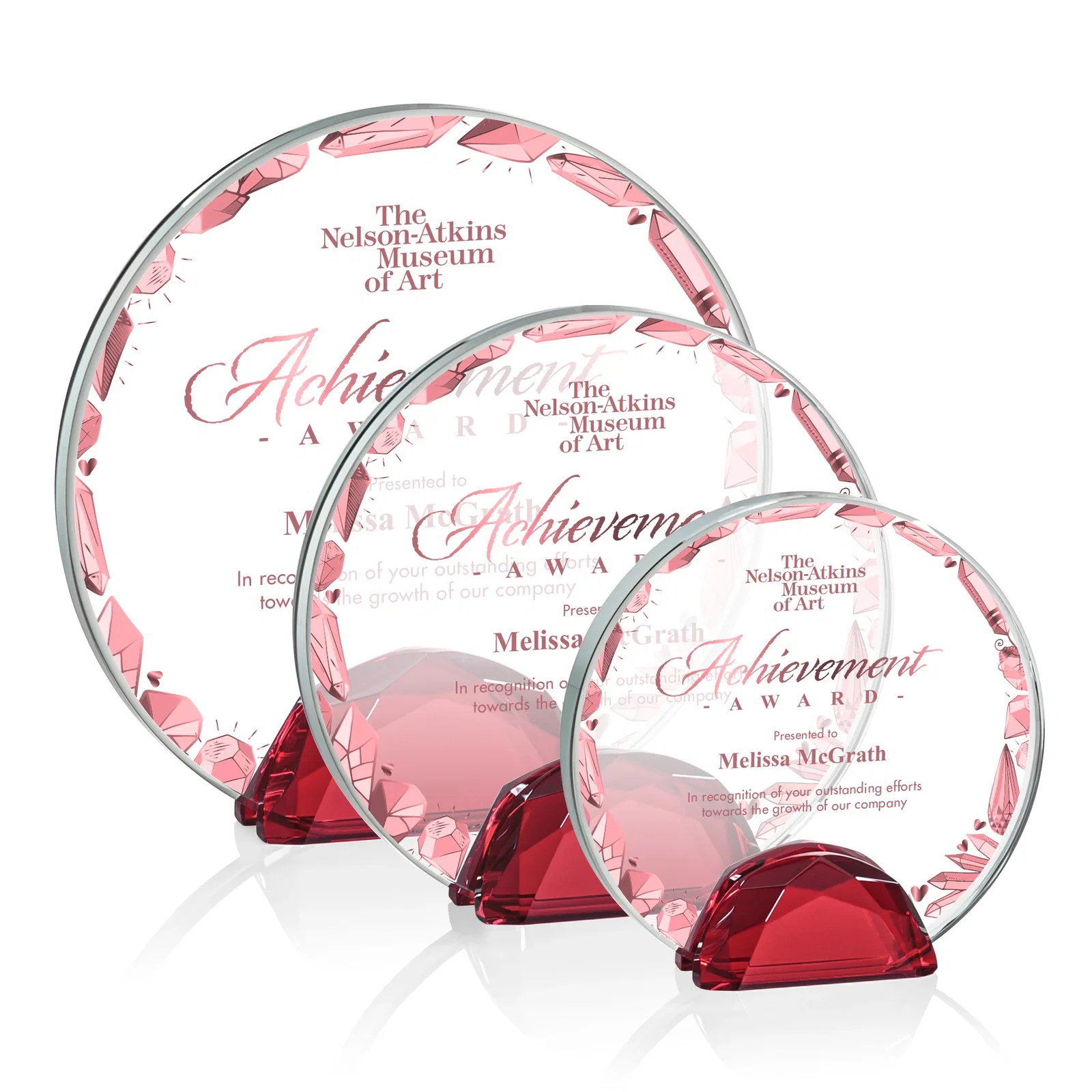 Branded Starfire Crystal Disc Award Flanked by Amber Crystal Diamonds for retirement presentations