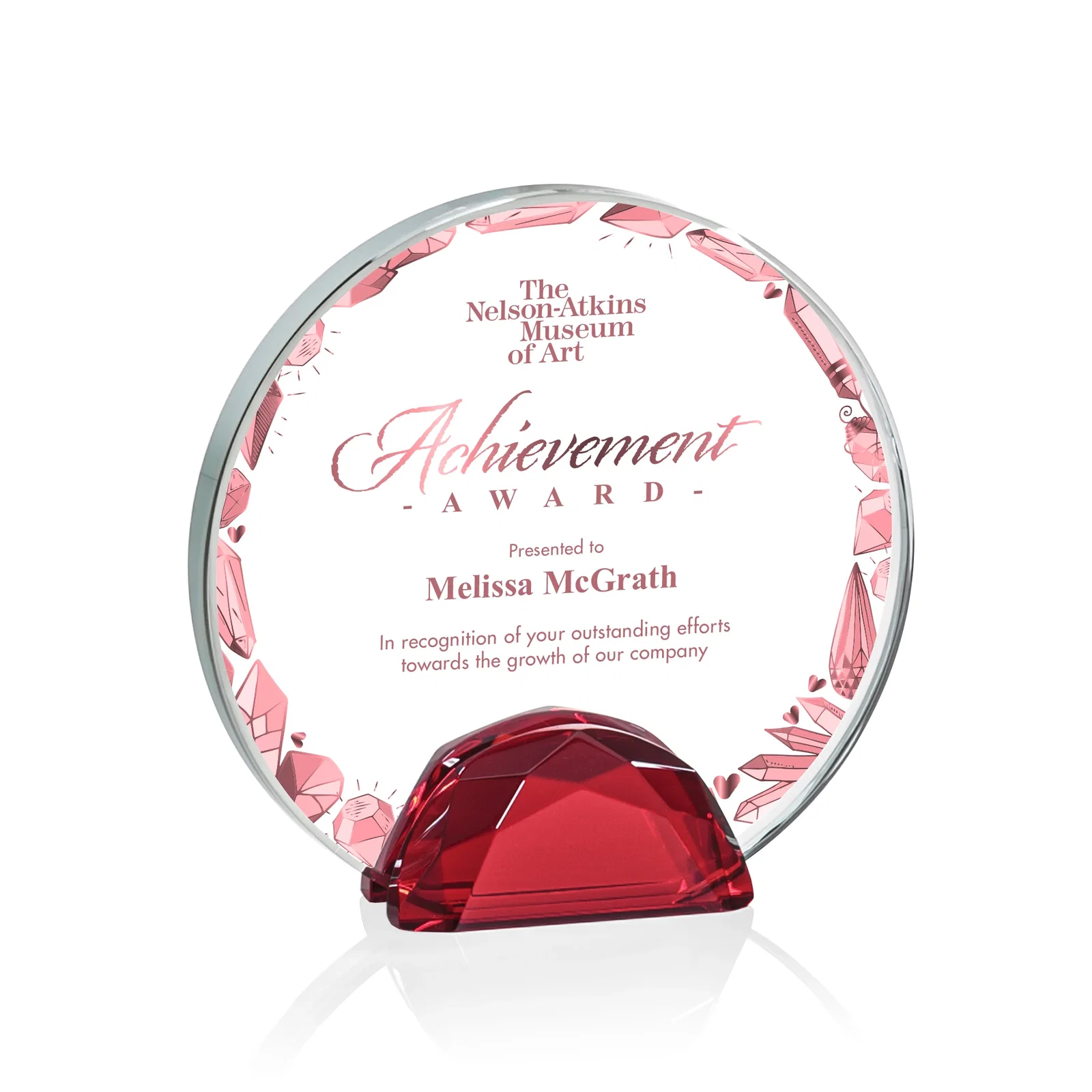 Branded Starfire Crystal Disc Award Flanked by Amber Crystal Diamonds for team milestone celebrations