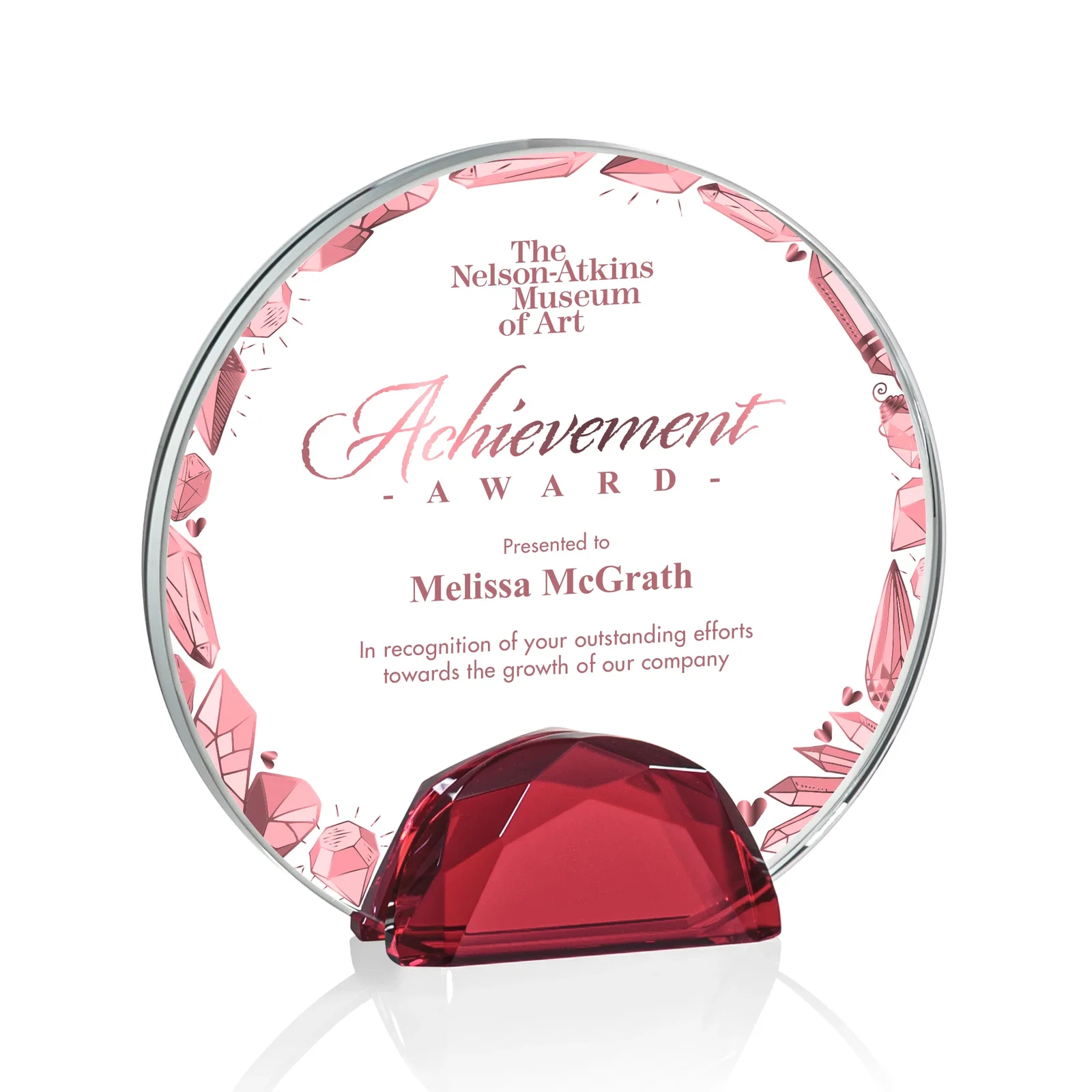 Branded Starfire Crystal Disc Award Flanked by Amber Crystal Diamonds for donor appreciation