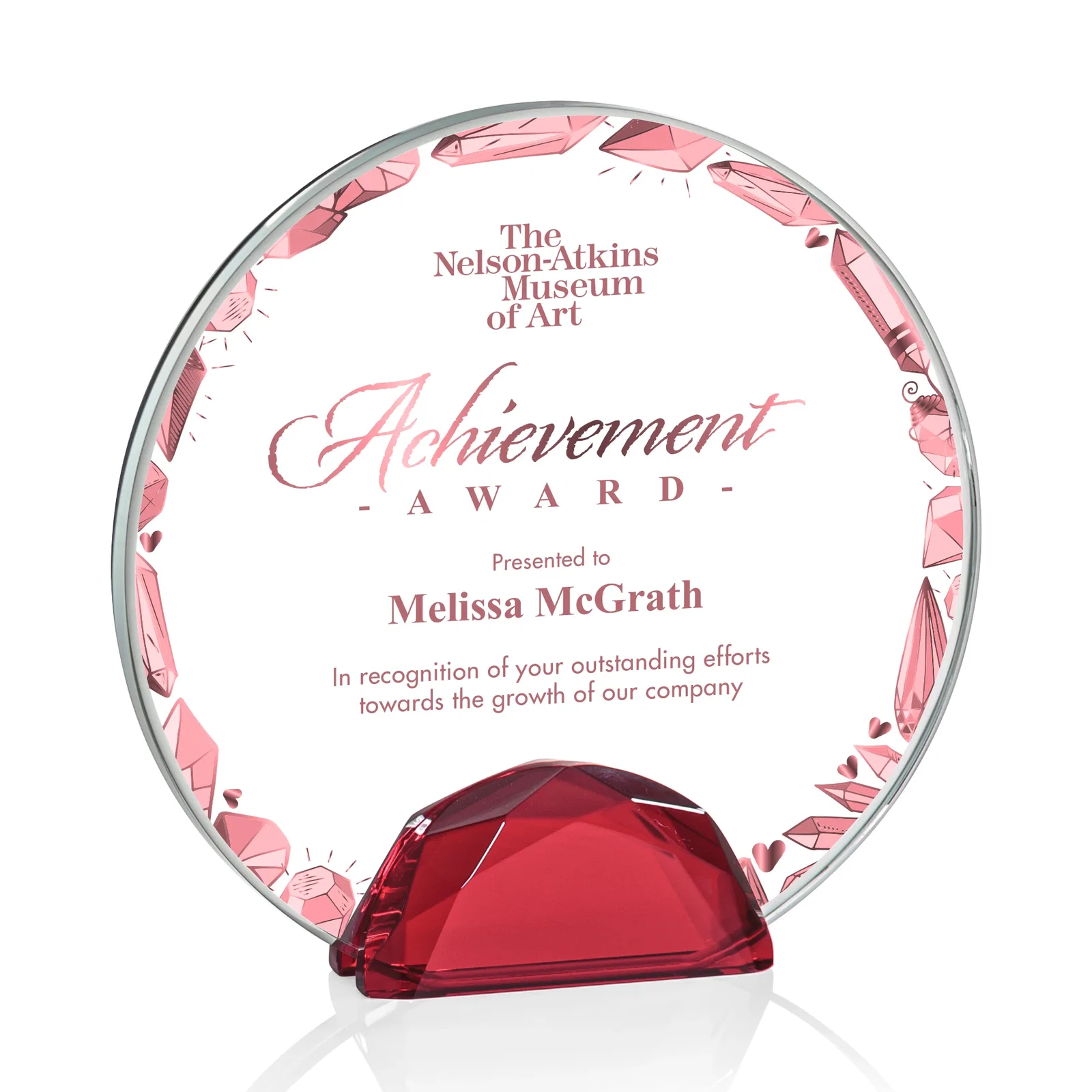Branded Starfire Crystal Disc Award Flanked by Amber Crystal Diamonds for graduation ceremonies