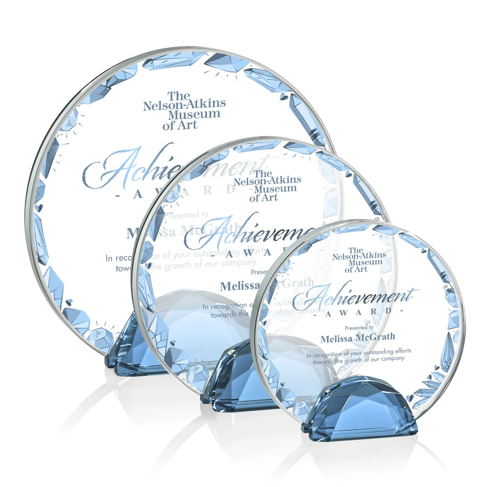 Branded Starfire Crystal Disc Award Flanked by Amber Crystal Diamonds for safety achievement programs