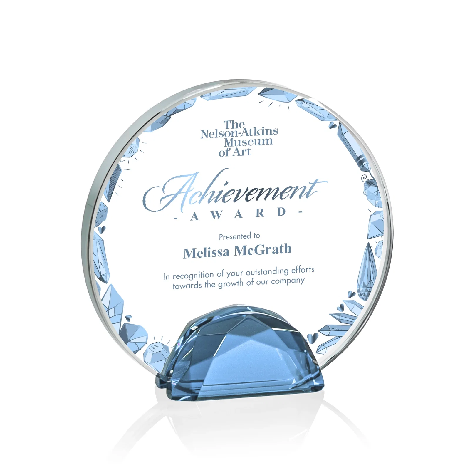Branded Starfire Crystal Disc Award Flanked by Amber Crystal Diamonds for volunteer appreciation