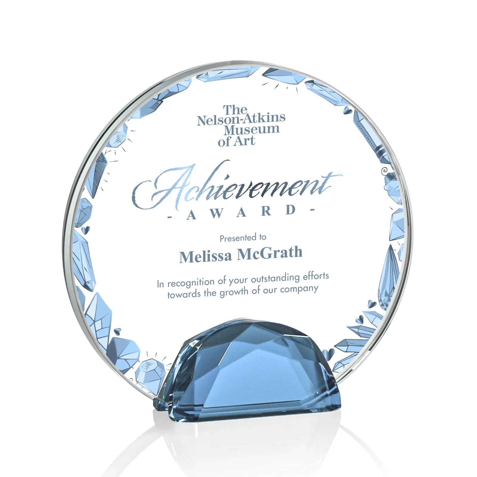 Branded Starfire Crystal Disc Award Flanked by Amber Crystal Diamonds for dealer and partner awards