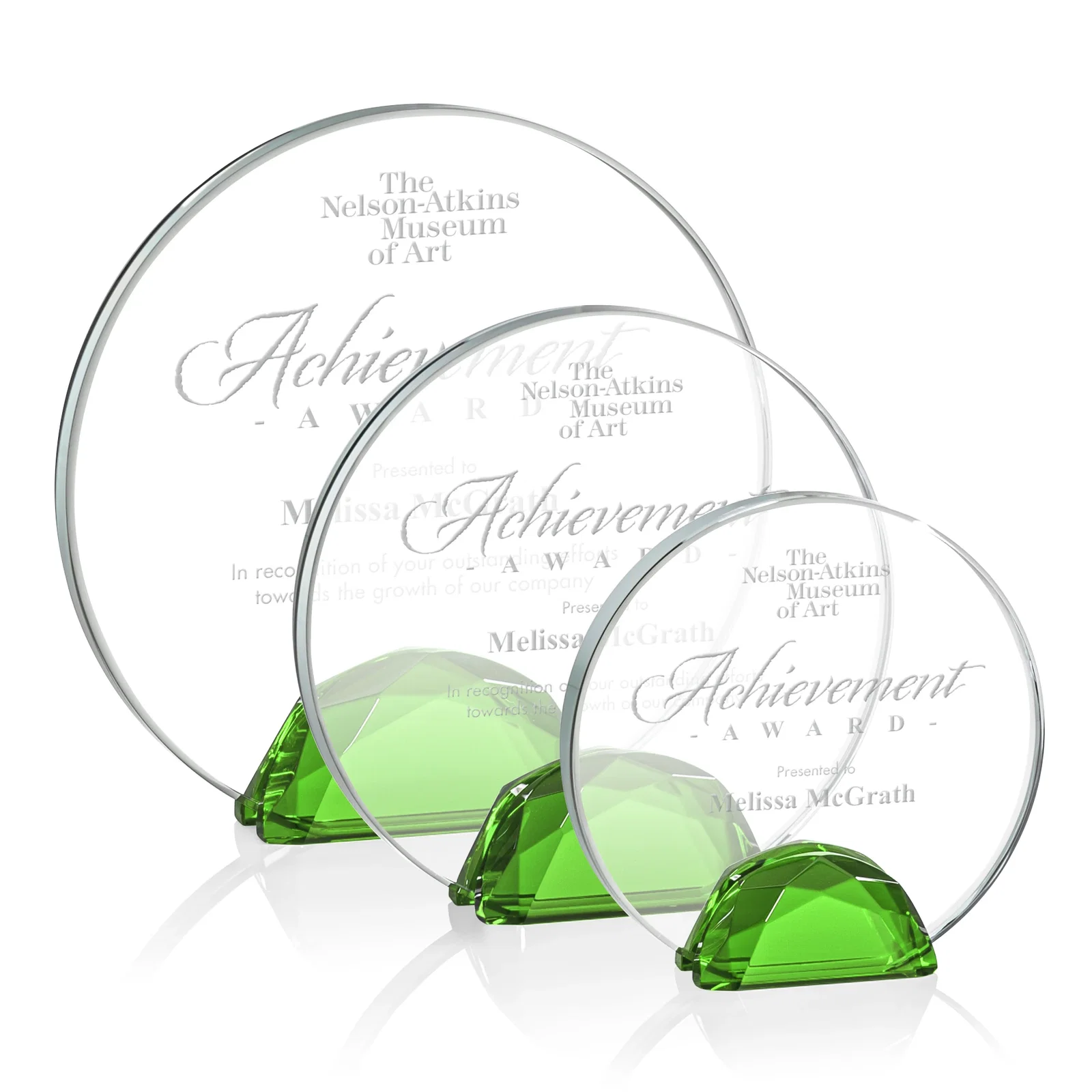Custom Starfire Crystal Disc Award Flanked by Amber Crystal Diamonds for retirement presentations