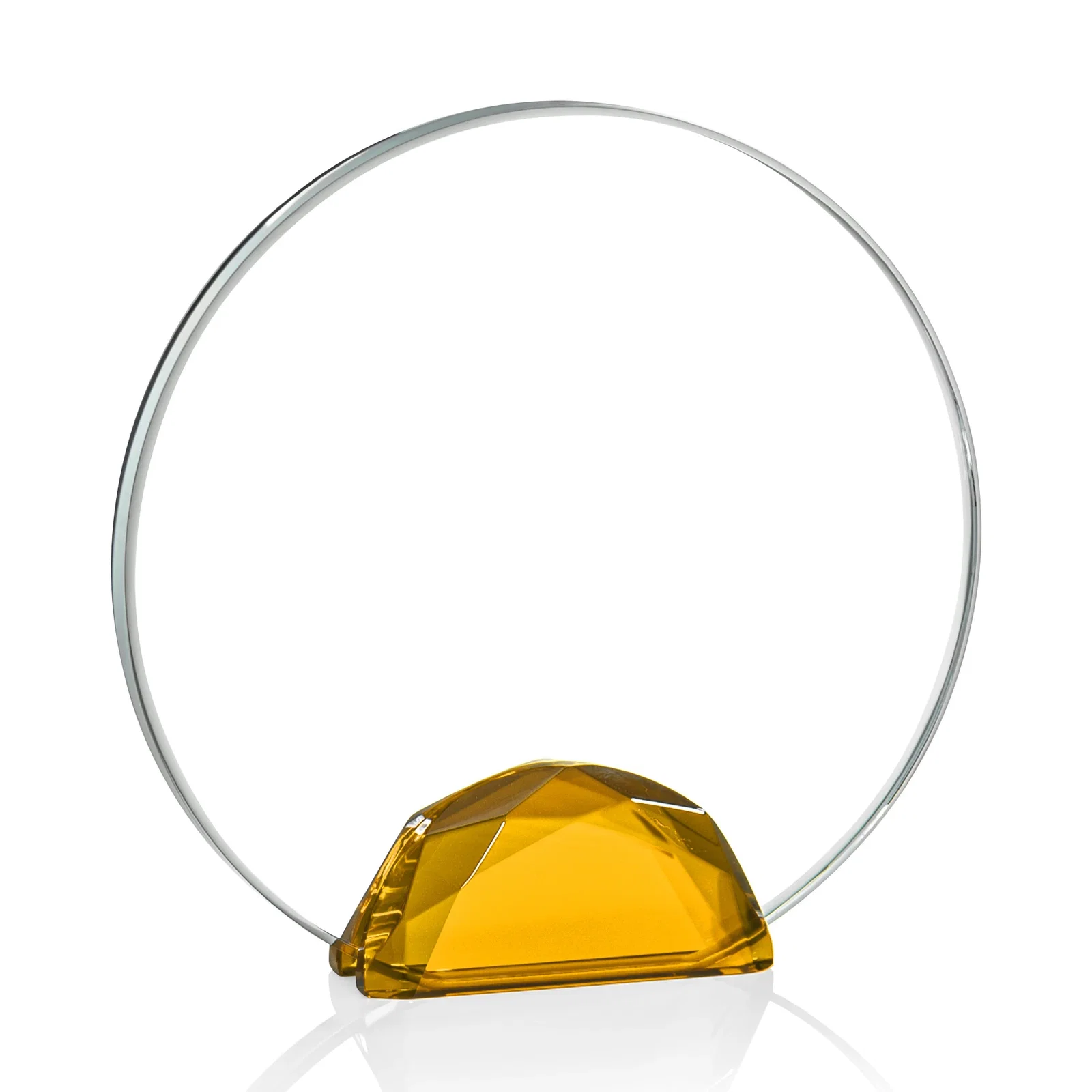 Custom printed Starfire Crystal Disc Award Flanked by Amber Crystal Diamonds for service anniversary gifts