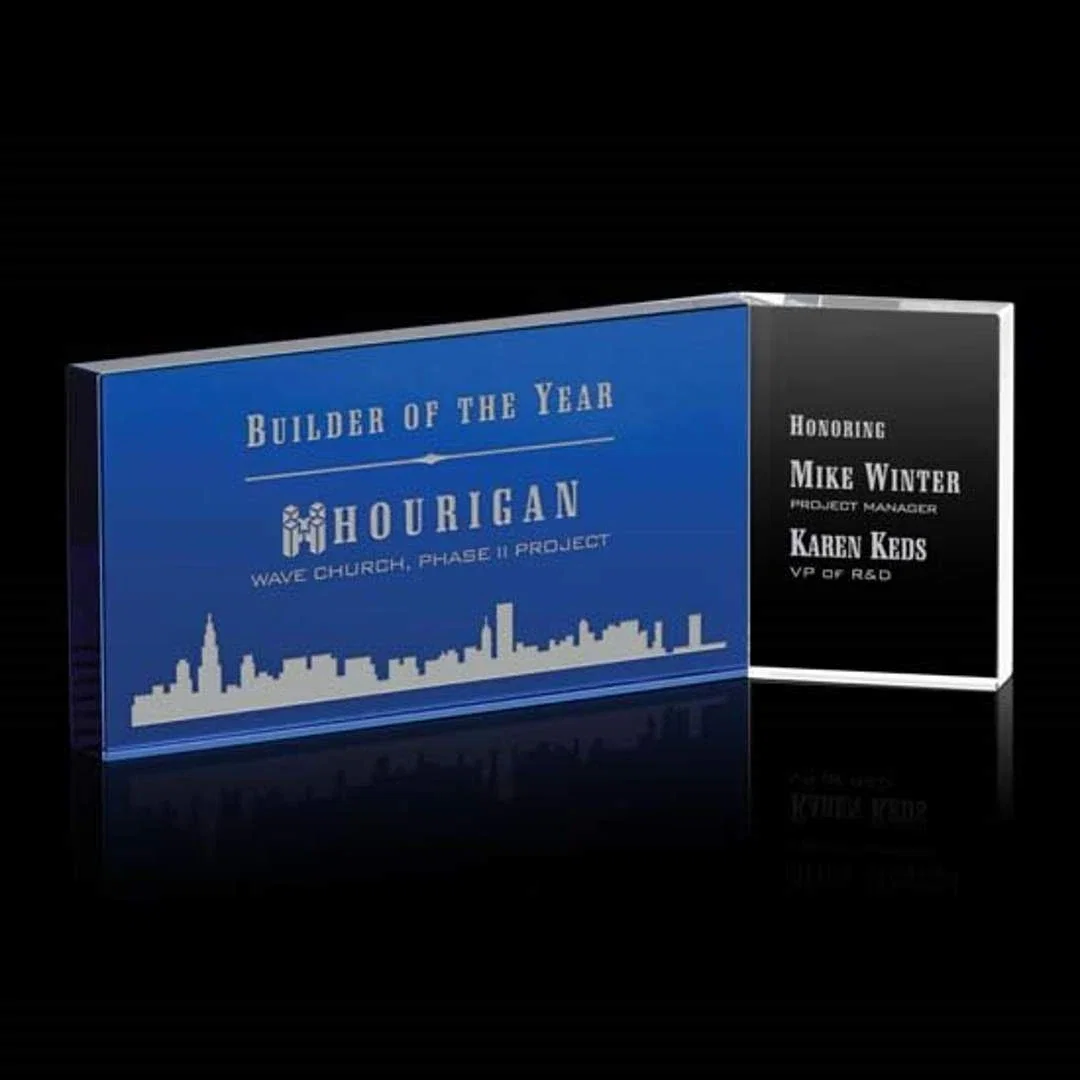 Custom Blue and Clear Optical Crystal Horizontal Award, awards for employee recognition