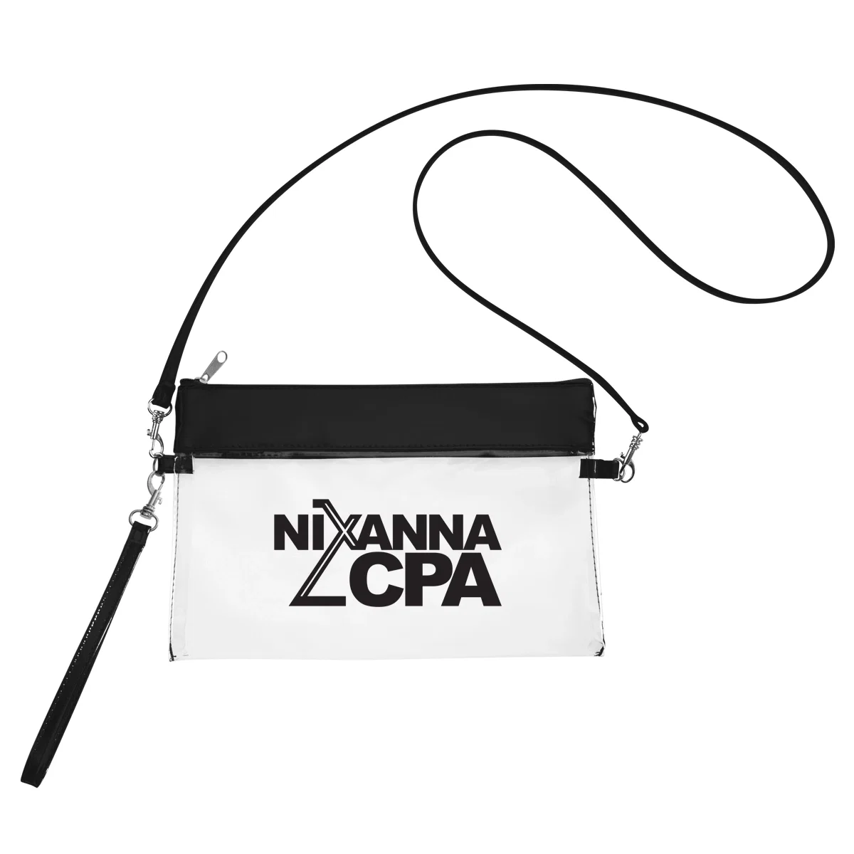 Clear game day pouch with black trim and a carry loop