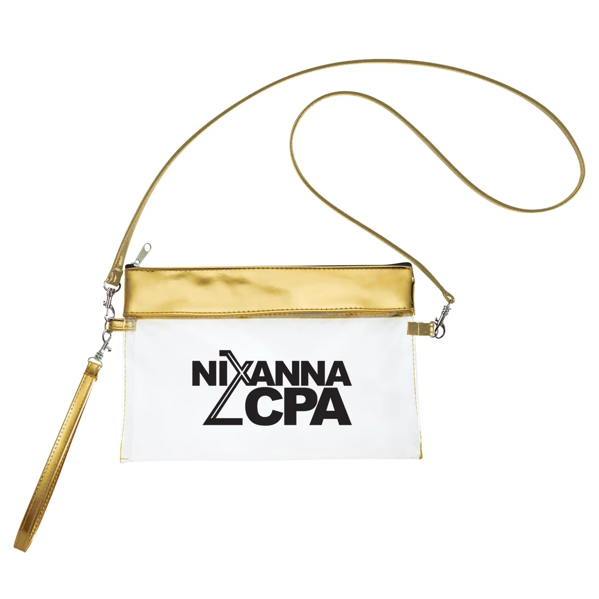 Zip closure running across the top of the see-through bag