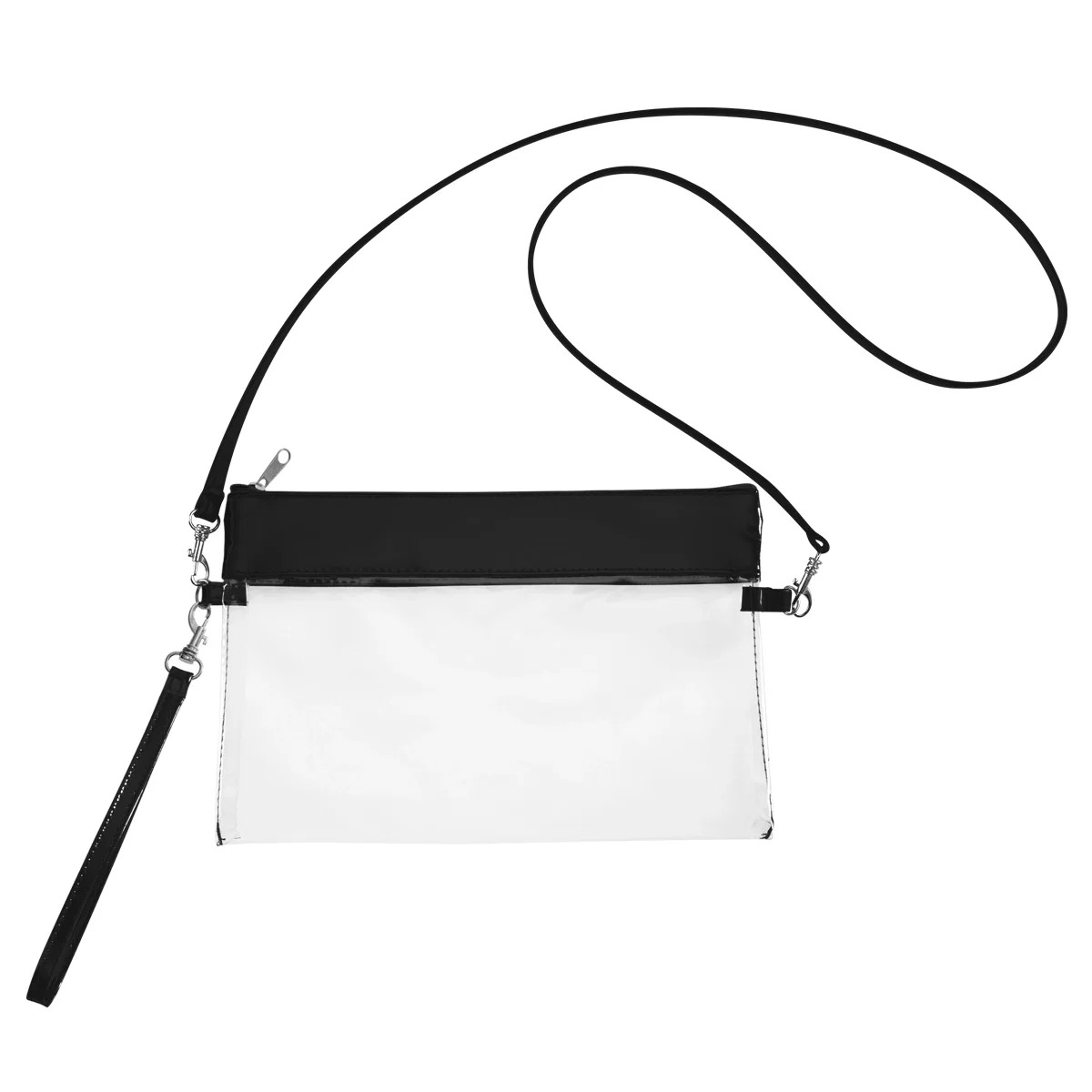 Strap detail shown at the corner of the transparent pouch