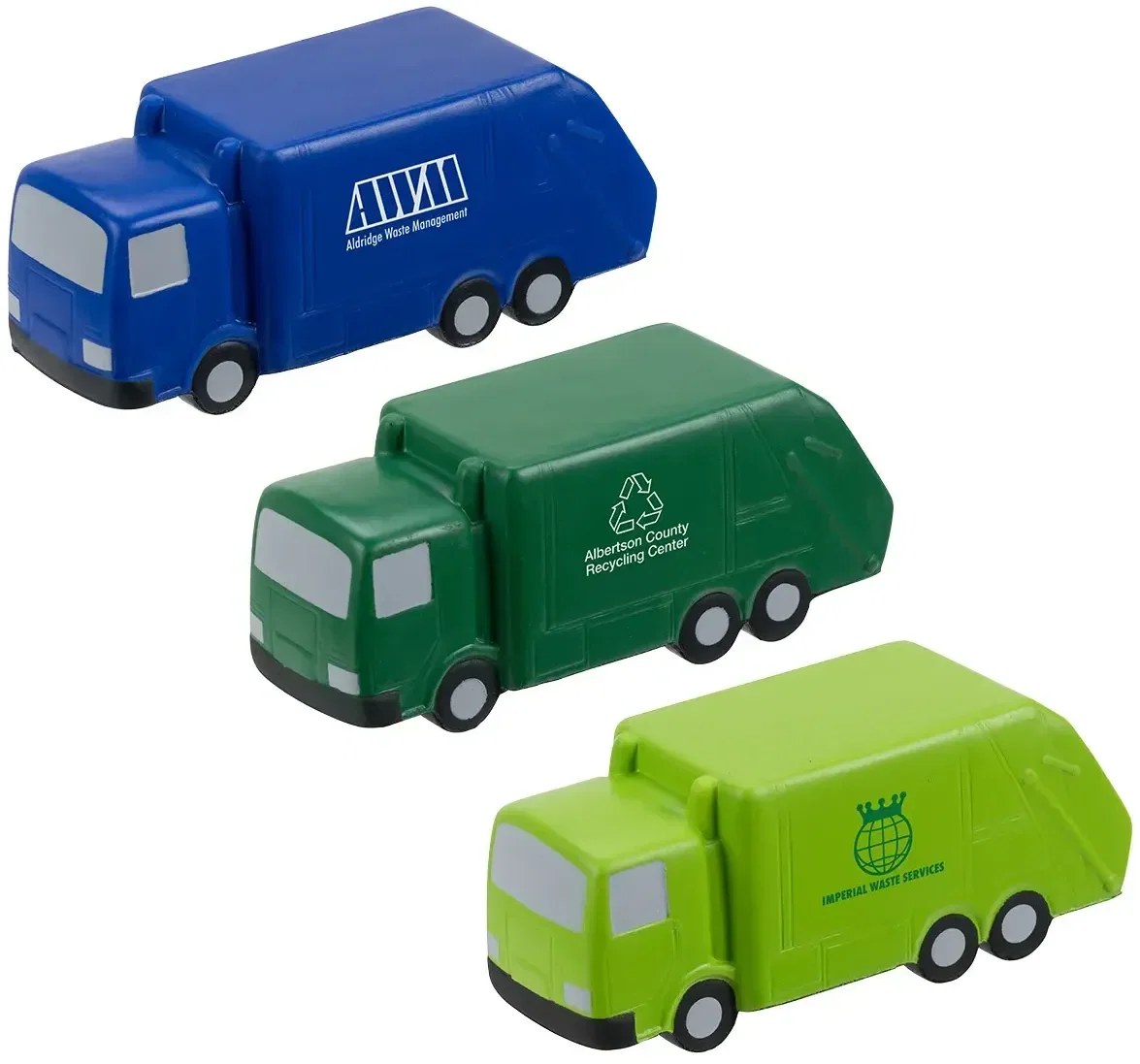 Garbage truck custom stress reliever front view, branded promotional squeeze toy for logo giveaways