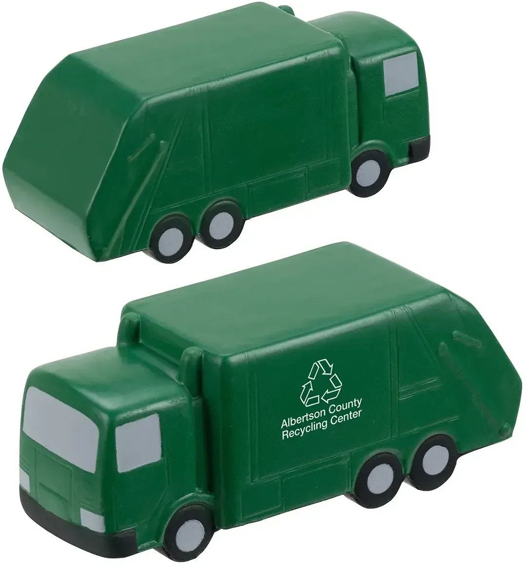 Side profile of the garbage truck custom stress ball showing branded imprint area
