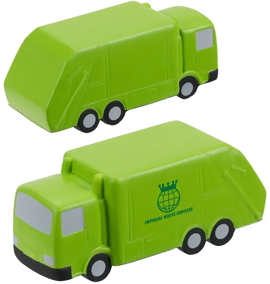 Close-up of the promotional garbage truck stress reliever squeeze toy detail