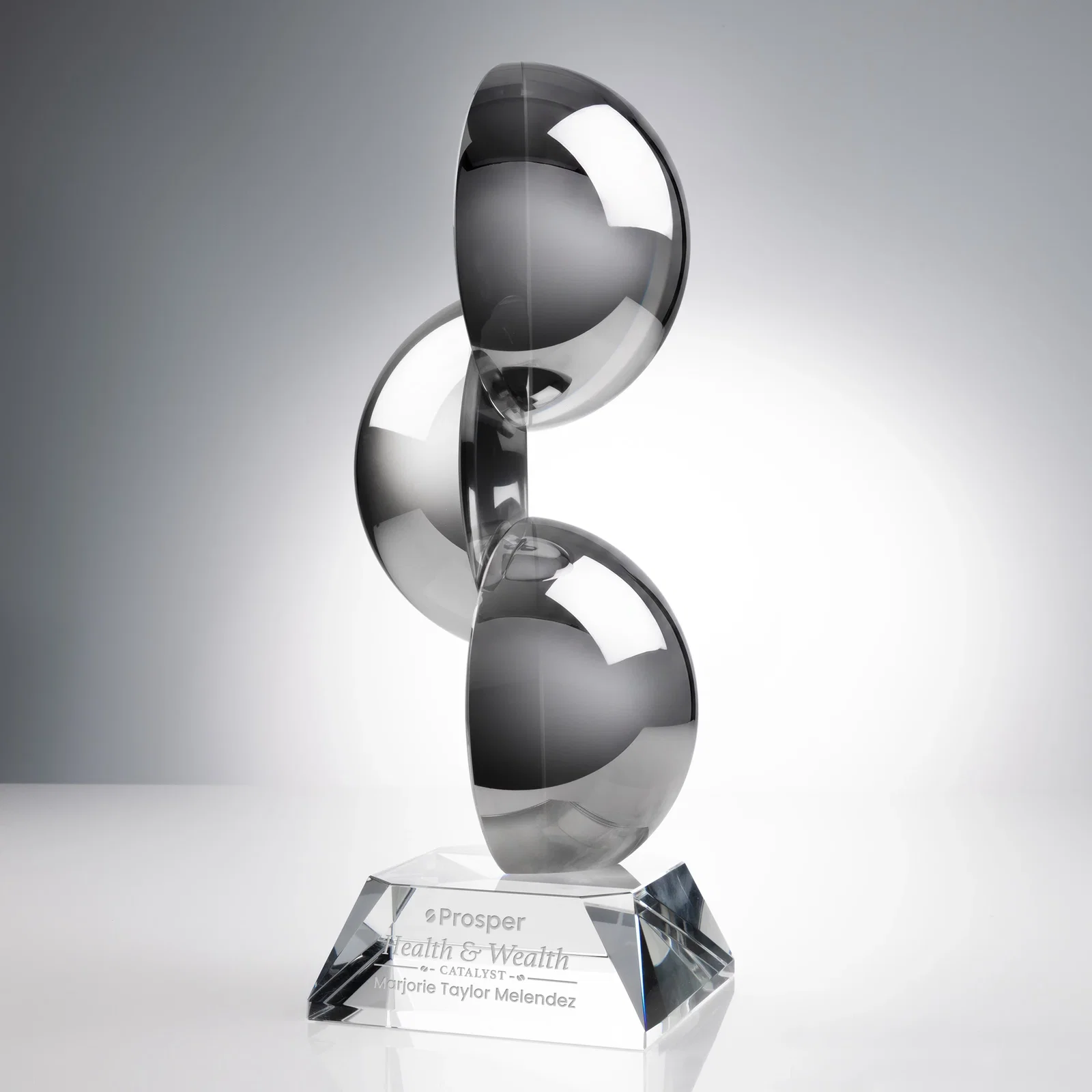 Custom Glass Award With Three Ascending Chrome Semi-Spheres for employee recognition