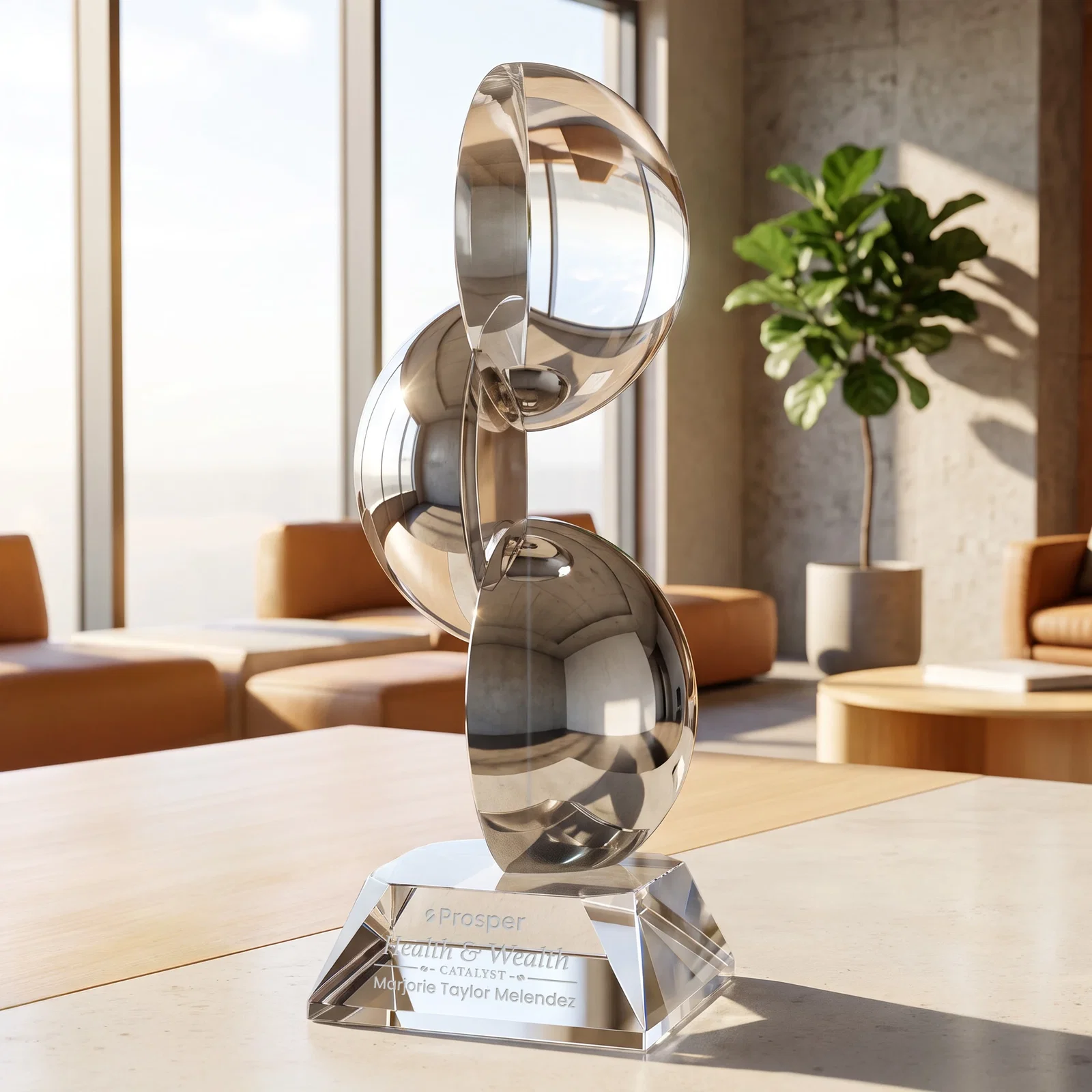 Custom Glass Award With Three Ascending Chrome Semi-Spheres for corporate award ceremonies