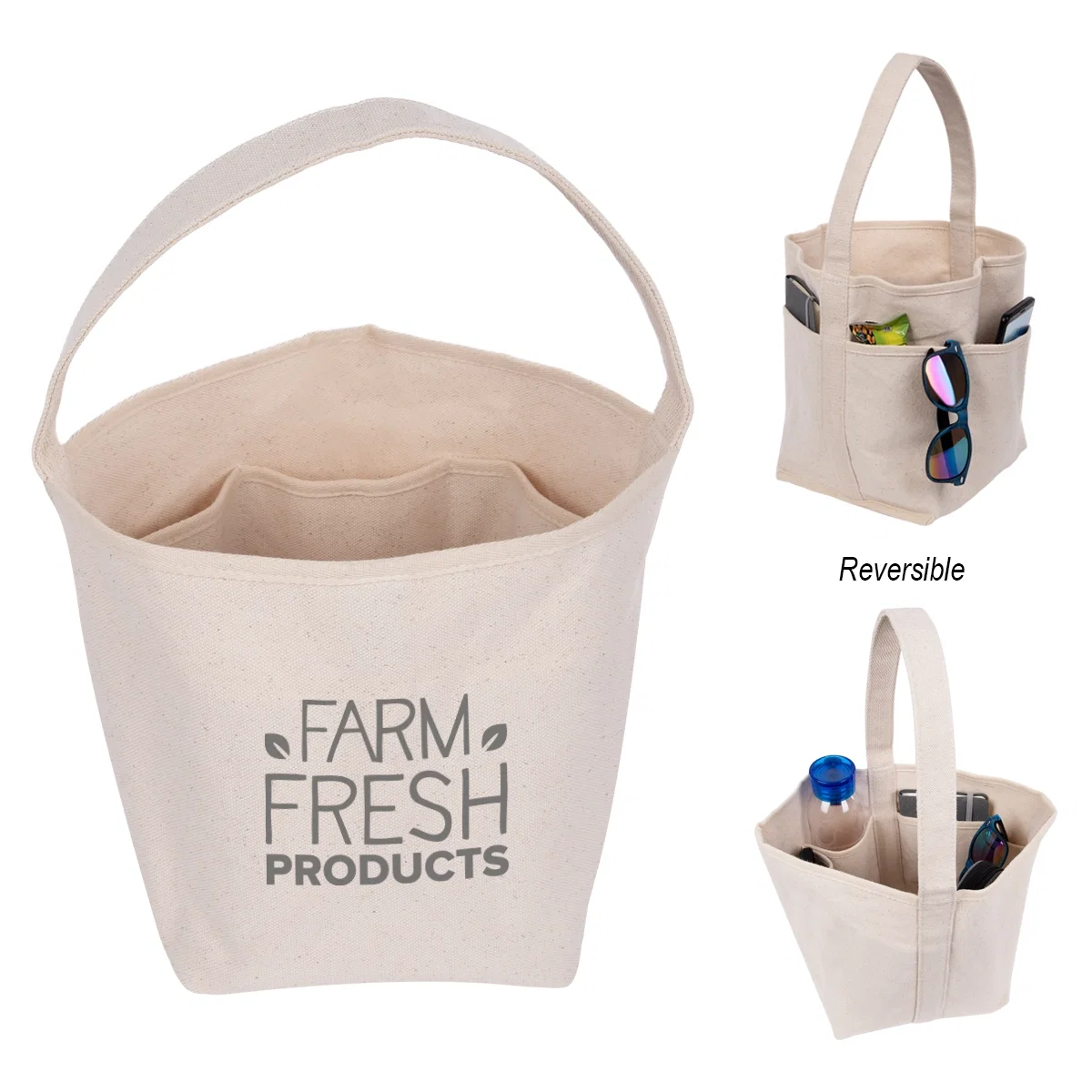 Natural bucket tote bag standing upright with handles up