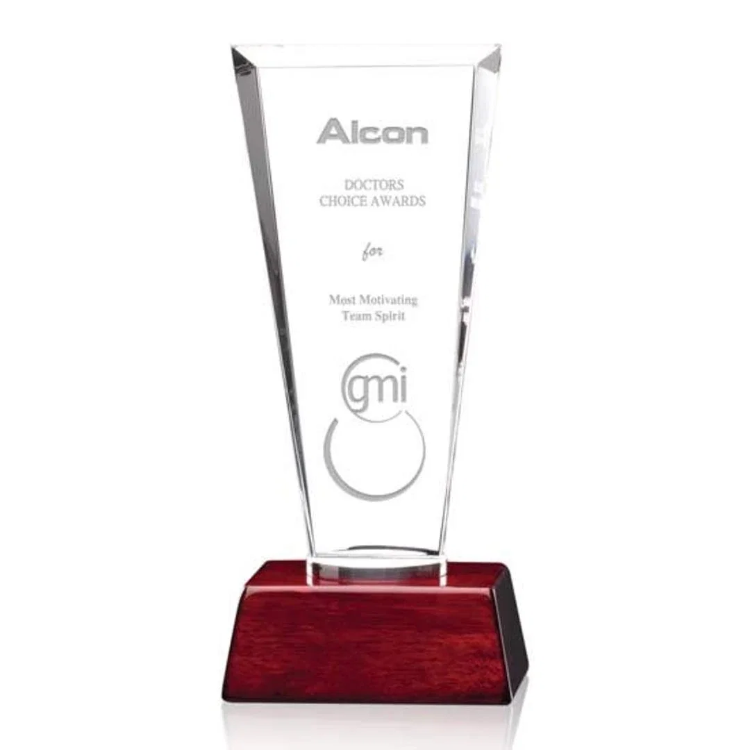 Custom Starfire Crystal Award with Flared Bevels on Aluminum-Rosewood Base for corporate award ceremonies