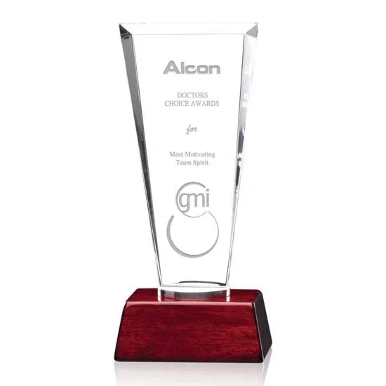 Custom Starfire Crystal Award with Flared Bevels on Aluminum-Rosewood Base for service anniversary gifts