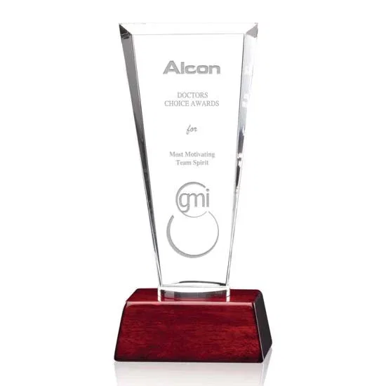 Custom Starfire Crystal Award with Flared Bevels on Aluminum-Rosewood Base for sales achievement awards
