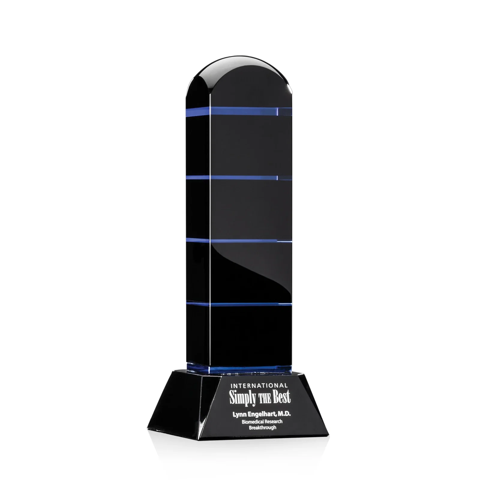 Custom Ebony Optical Crystal Tower Award with Aqua Blue Inlay for employee recognition