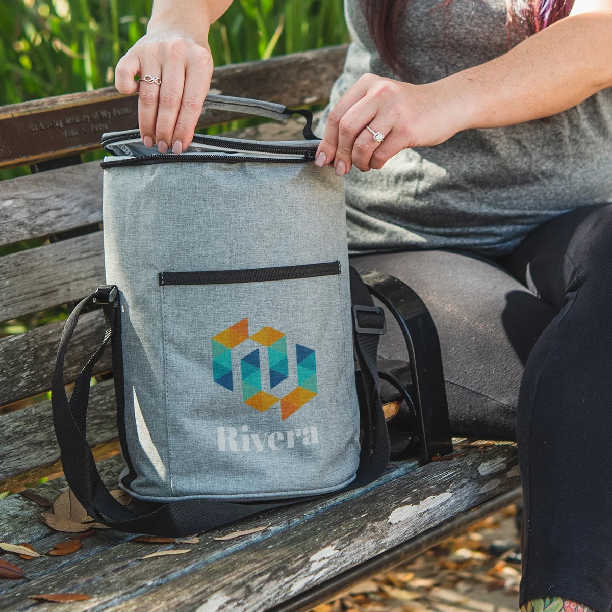 Gather Round Heathered Cooler Bag in use