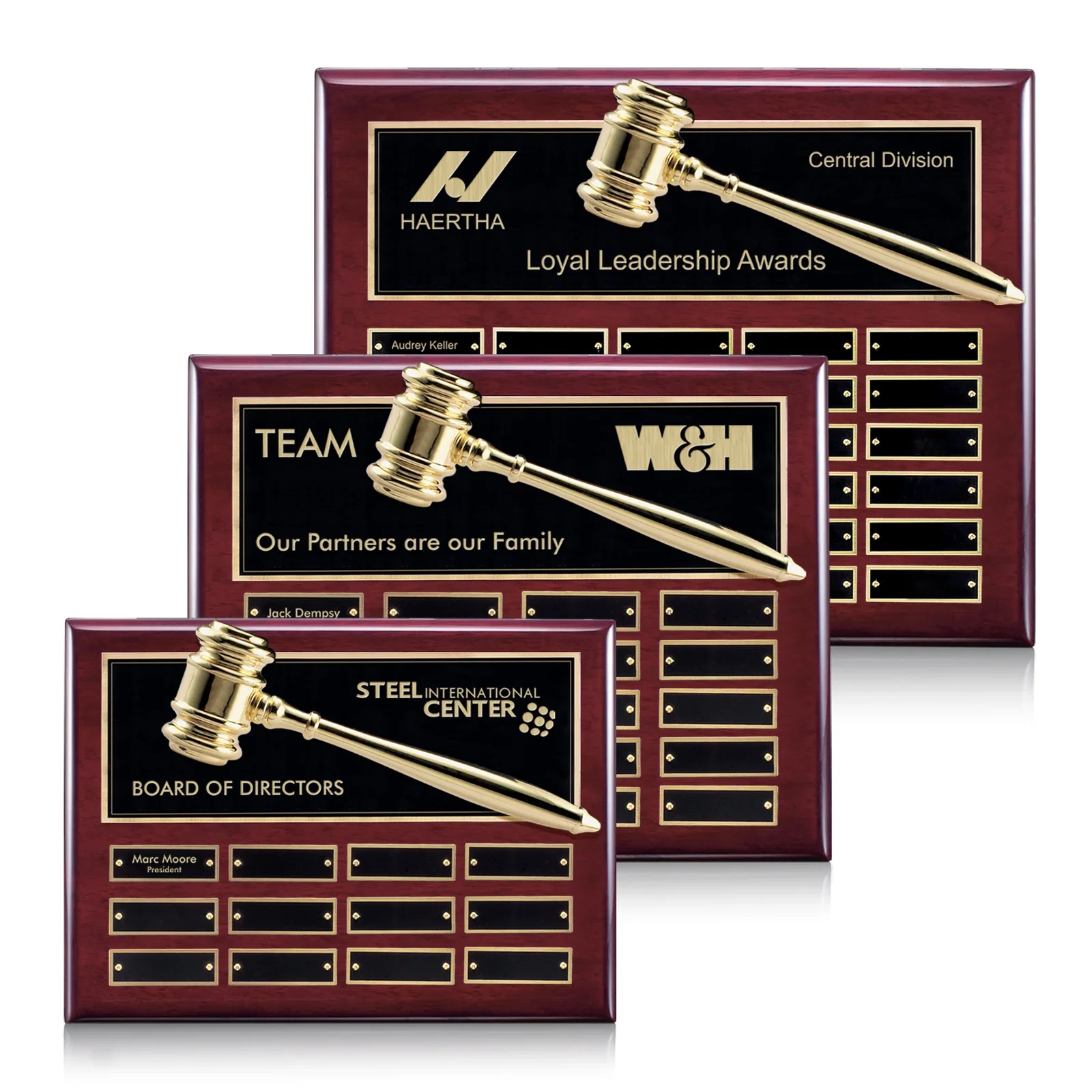 Custom Piano Finish Perpetual Plaque With Built-In Gavel Ornament for employee recognition