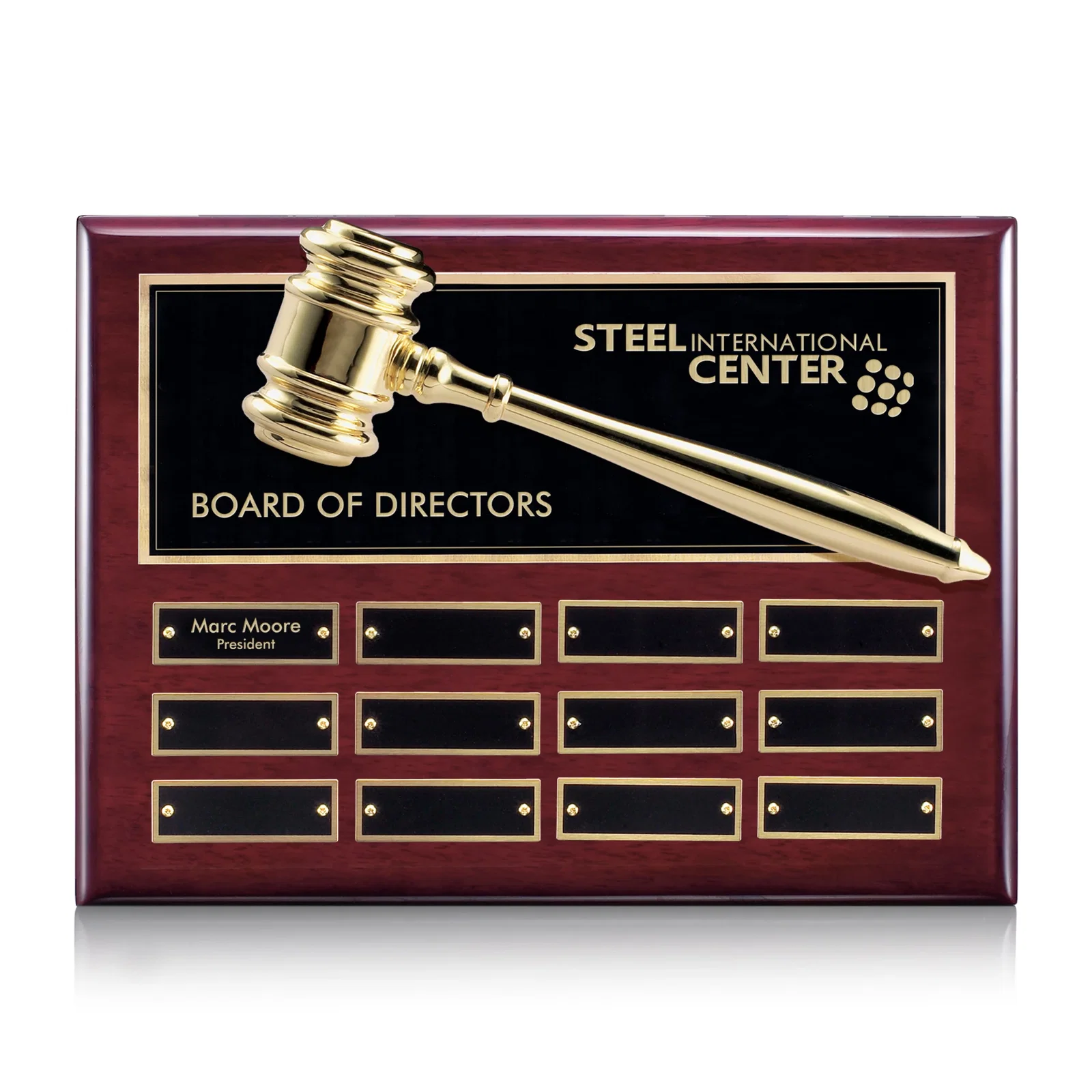Custom Piano Finish Perpetual Plaque With Built-In Gavel Ornament for corporate award ceremonies