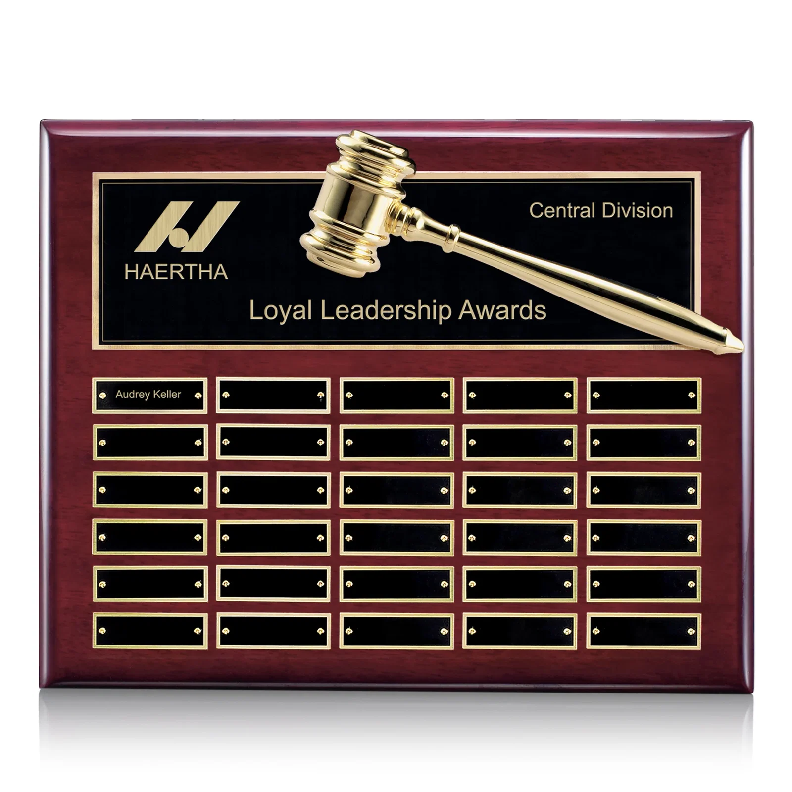 Custom Piano Finish Perpetual Plaque With Built-In Gavel Ornament for sales achievement awards