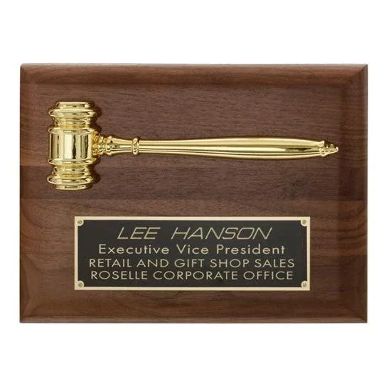 Custom Walnut Wall Plaque with a Working, Removable Gavel for employee recognition