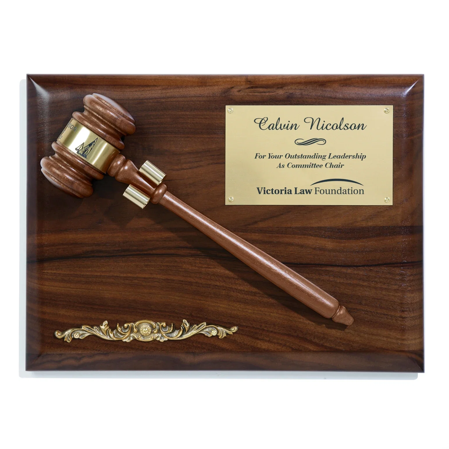 Custom Walnut Wall Plaque with a Working, Removable Gavel for corporate award ceremonies