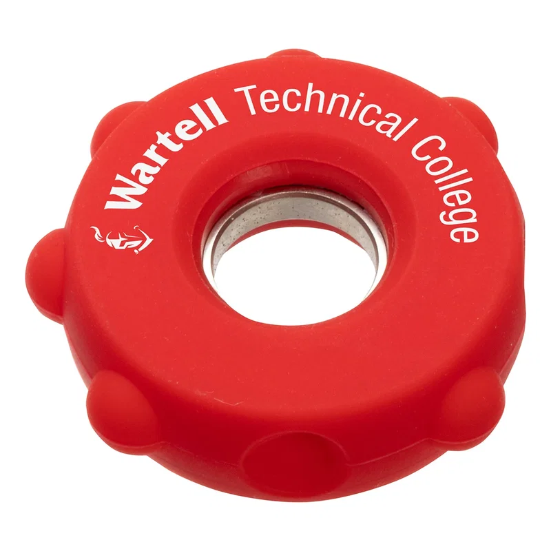 Angled view of the custom Gear Push Pop Spinner showing the spinning gear