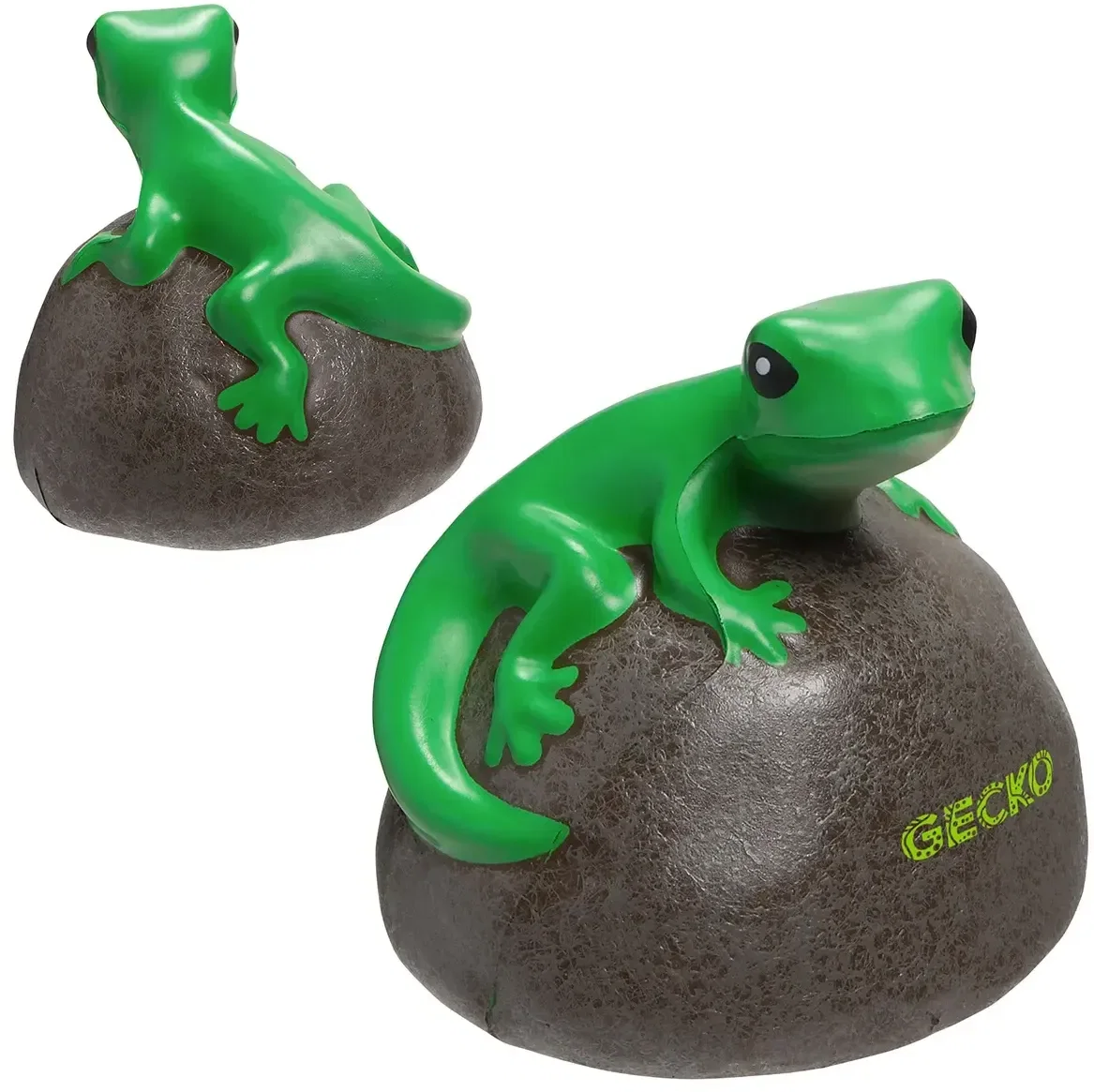Gecko-on-rock custom stress reliever, branded promotional squeeze toy for logo giveaways