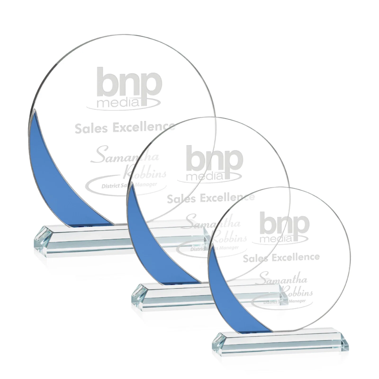 Custom Starfire Crystal Disc Award With Blue Crescent Accent for employee recognition