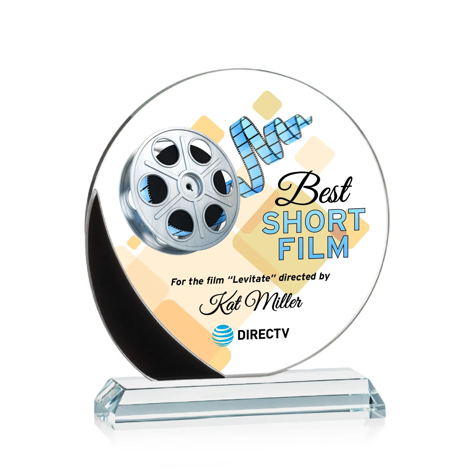 Custom Starfire Crystal Disc Award With Blue Crescent Accent for dealer and partner awards