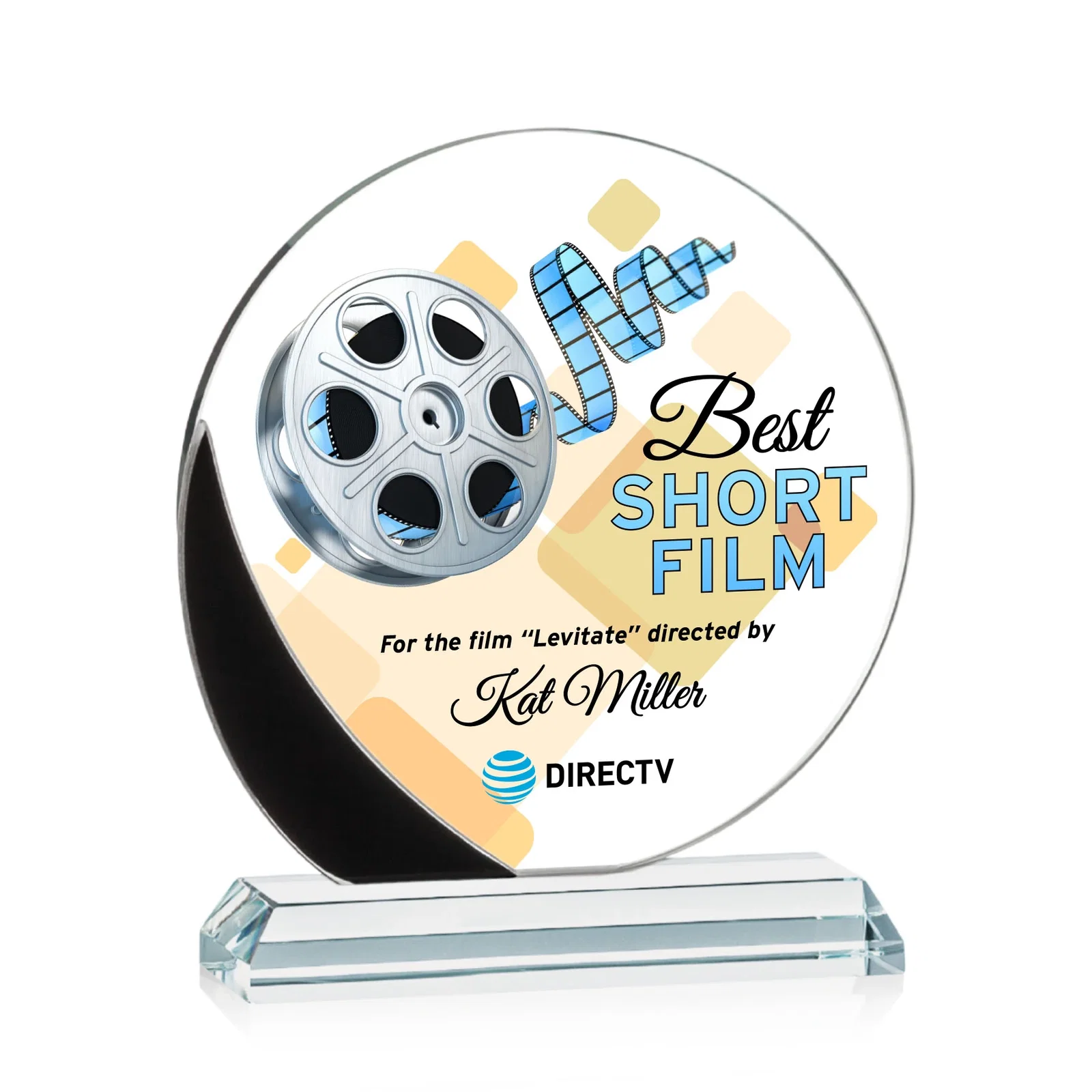Custom Starfire Crystal Disc Award With Blue Crescent Accent for company anniversary events